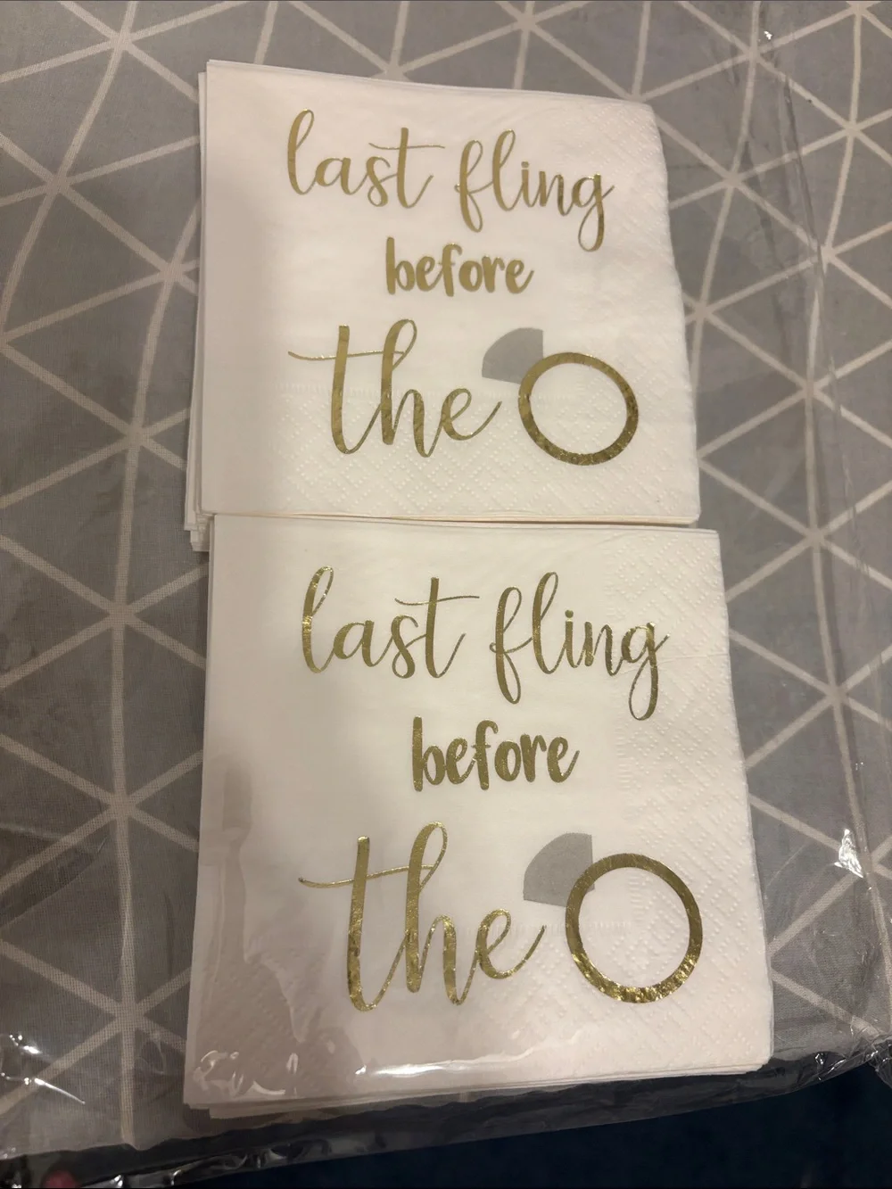 New Set of 45 gold foil accent bachelorette napkins “Last Fling Before the 💍”